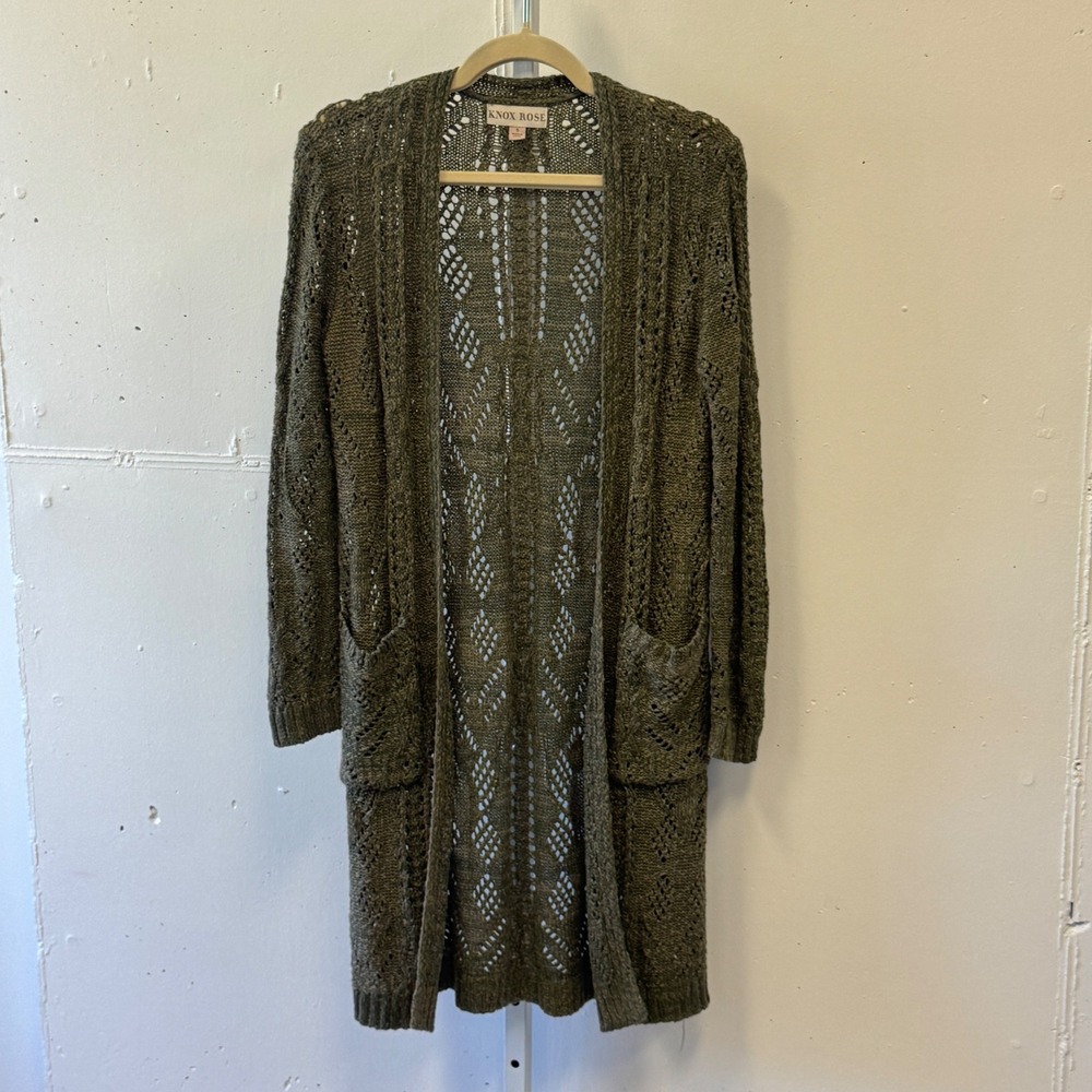 Knox Rose Olive Green Pointelle Knit Open Front Duster Cardigan‎ Sweater Small